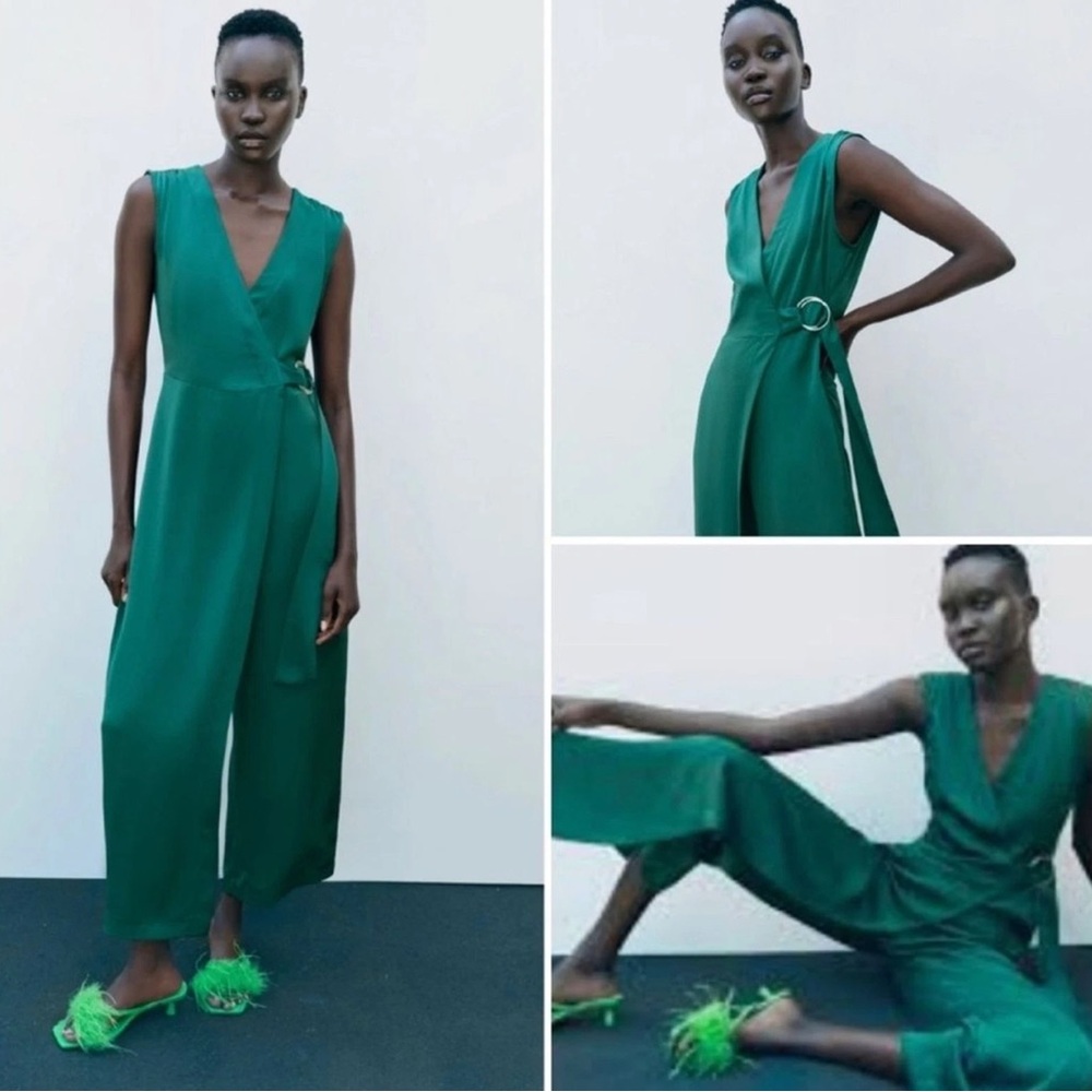 Zara green wrap jumpsuit with buckle